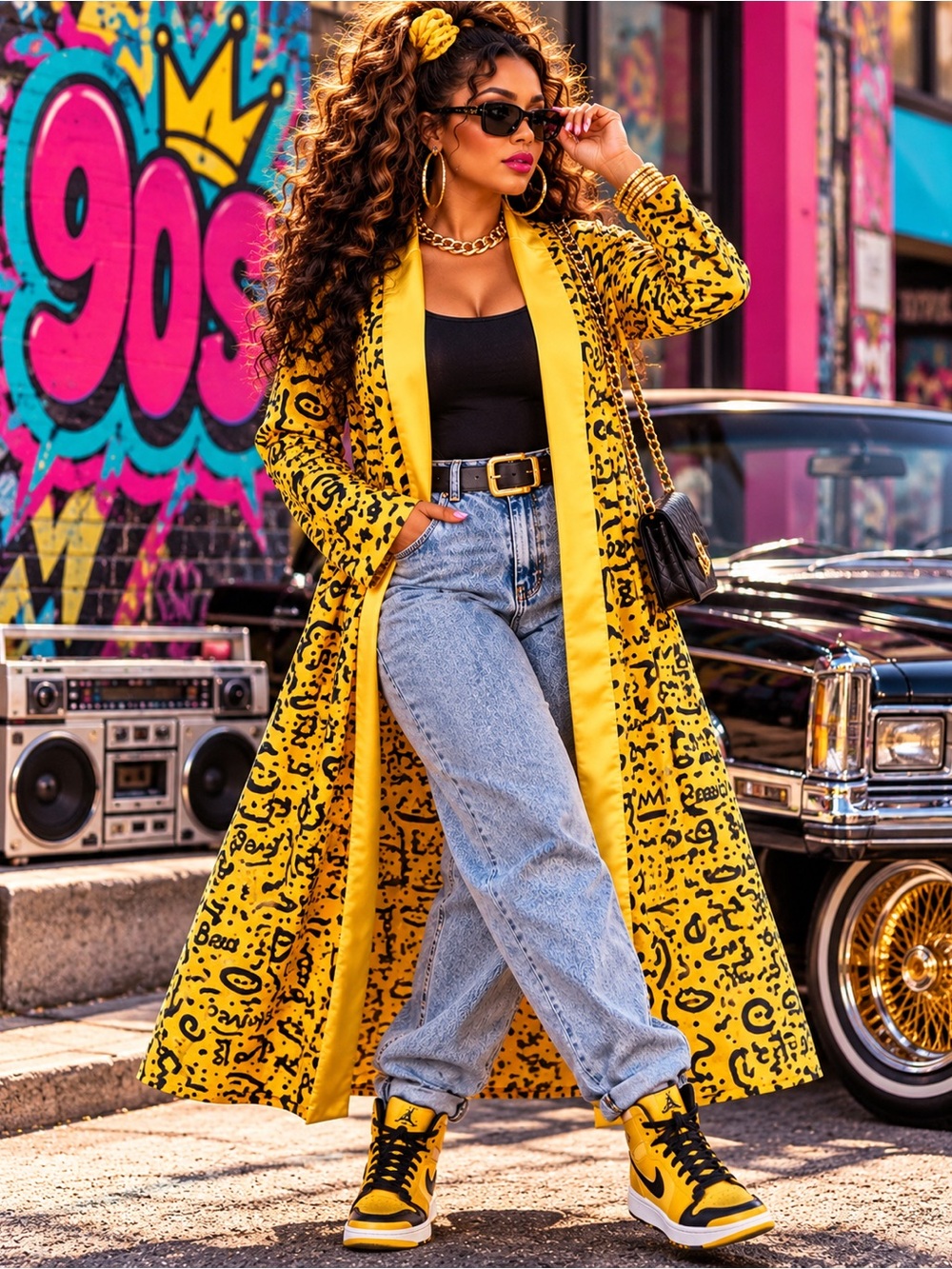 90s Inspired Bold Yellow Printed Duster Coat with Satin Trim